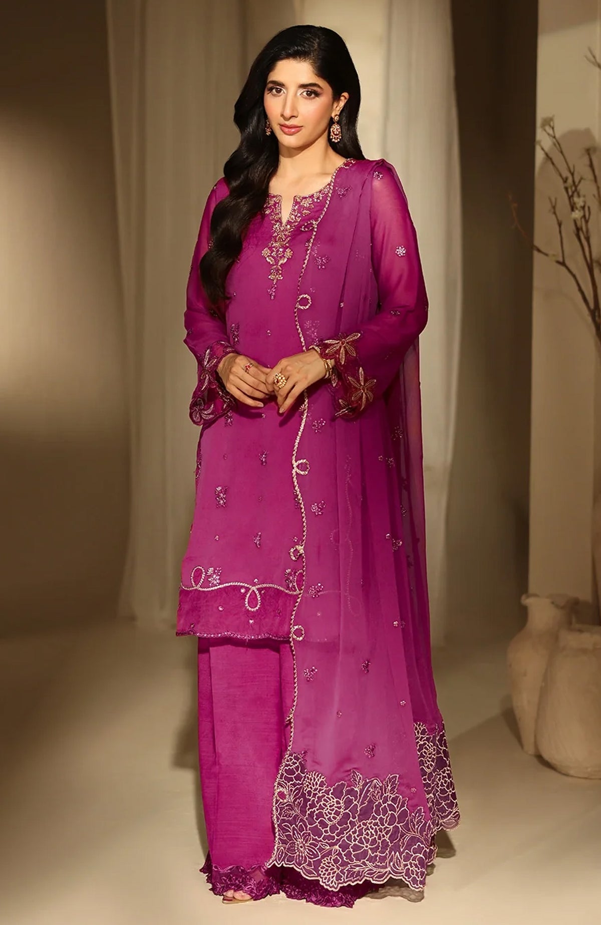 Luxè By Azure Embroidered Chiffon 3 Piece Unstitched Suit-AZRLUX25L-MULBERRY  MUSE- Summer Collection