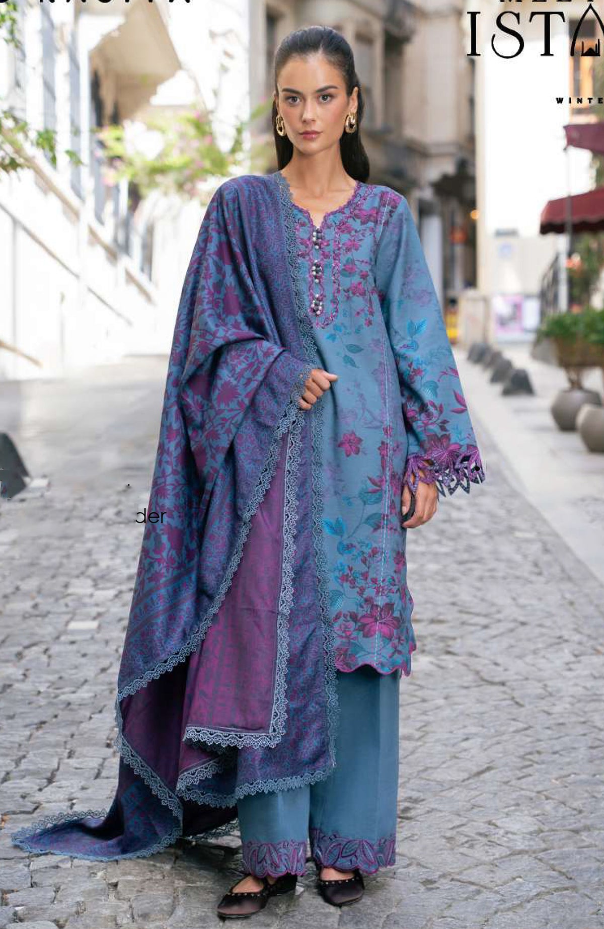 Meet Me in Istanbul By Rangrasiya Unstitched Embroidered Khaddar 3 Piece Suit - RRMIKHDW-SKYE- Winter Collection